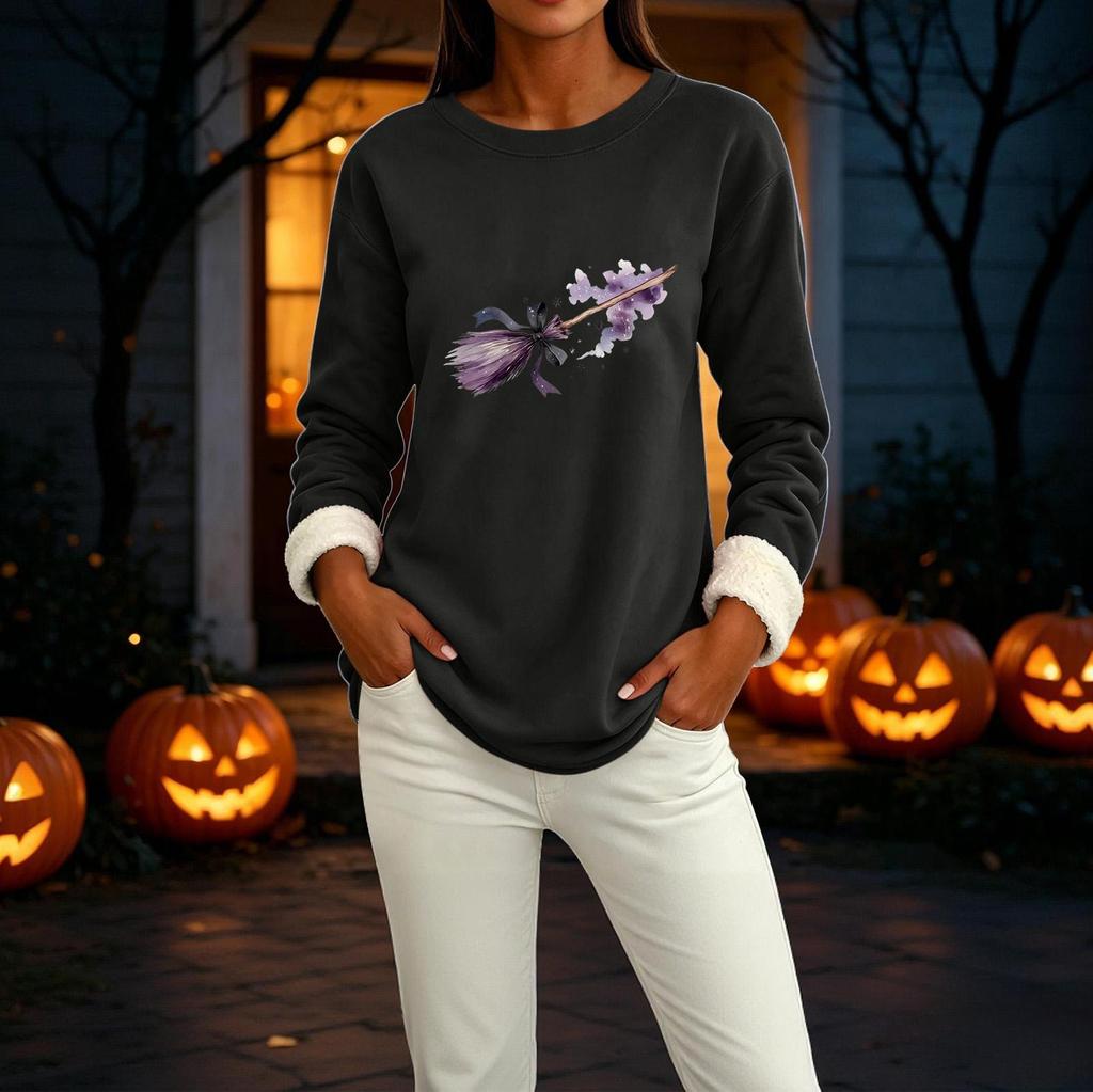 Women's Lined Long Sleeve Round Neck Halloween Print Tops for Winter Casual Wear