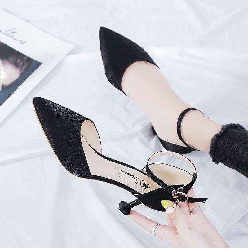 2025 summer new one-word buckle bag head sandals female French girl pointed head fairy wind stiletto sexy high heels