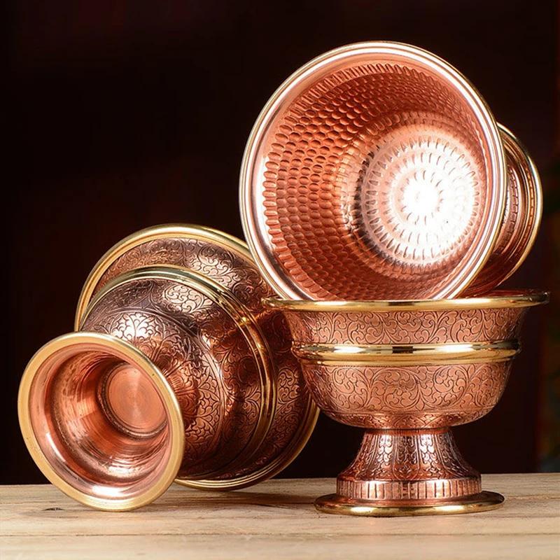 7pcs Ancient Red Copper Tantric Bowl Engraving Goblet Tibetan Bowl 8.8cm Holy Water Cup Buddhist Home's Gift Desktop Decorative