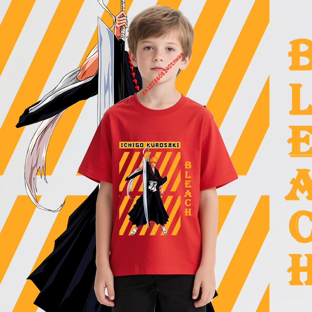 Bleach Ichigo Kurosaki Anime Print Cotton T Shirt for Boys Cartoon T shirts Kids Short Sleeve Tee Childrens Clothing