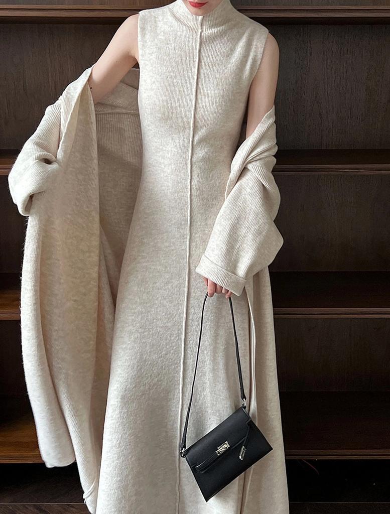 Cárdigan largo de punto, vestido de cuello alto, conjunto de dos piezas