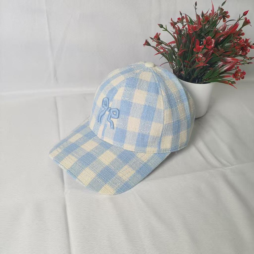 Plaid curved brim cap children's three-dimensional embroidery bow bright line design soft top big head sunshade baseball cap women
