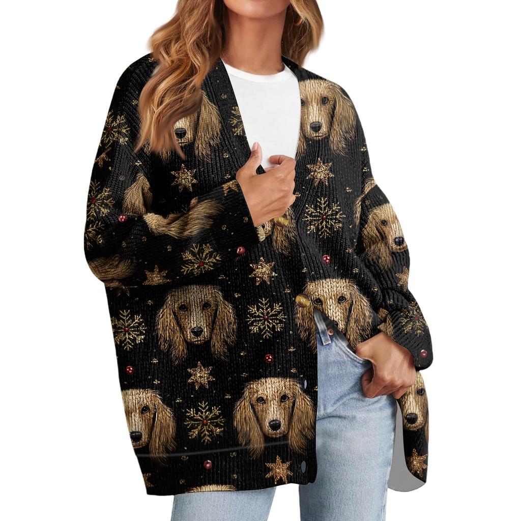 Women's Fashion Long Sleeve Christmas Print V-Neck Button Loose Cardigan Top