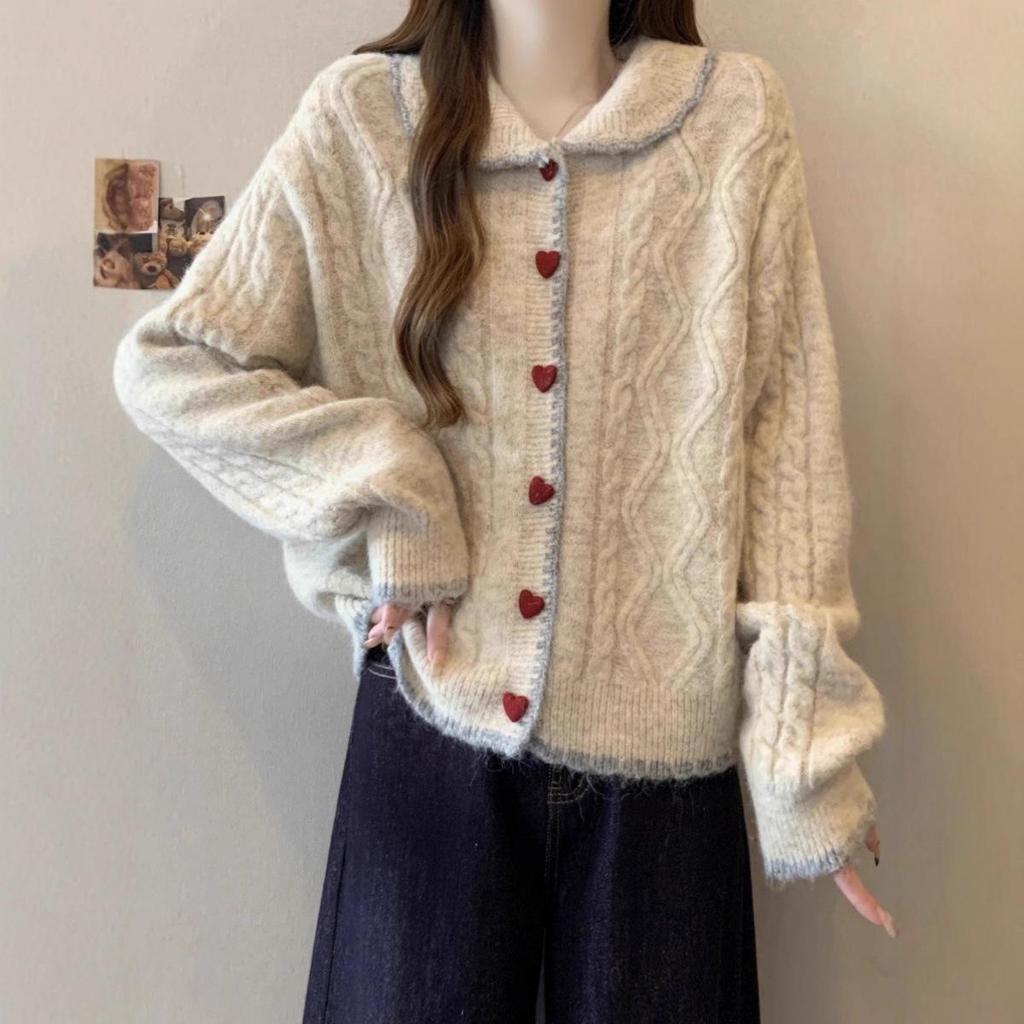 Koreanischer Stil Herzknopf Zopfstrick-Cardigan mit Puppenkragen für Damen, perfekt für Herbst und Winter