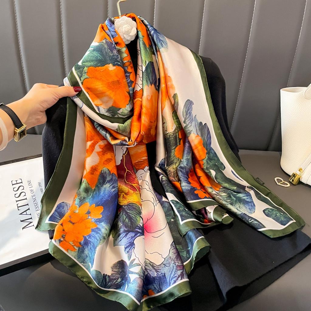 Lijin Satinschal weiblicher Schal dünn neuer Druck Frühling und Sommer Yangqi Mode Schal Mitfahrgelegenheit langer Seidenschal Schal Schal