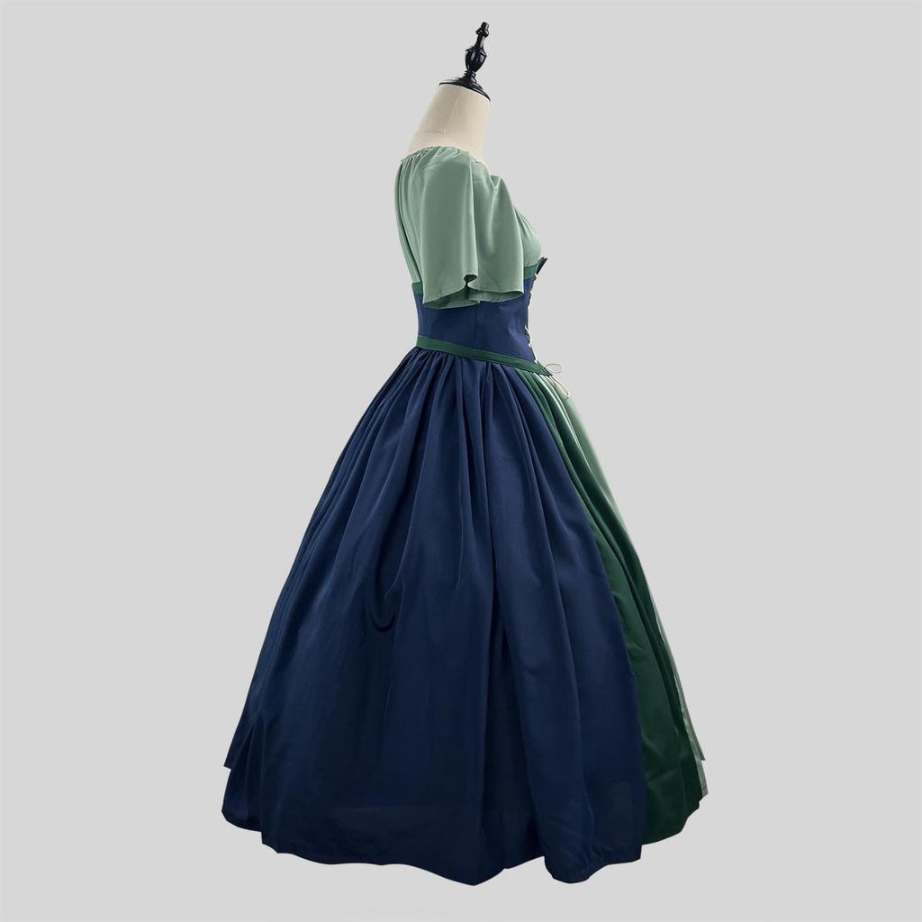 Medieval Retro Color Block Off-Shoulder Slim Fit Dress with Fly Sleeves and Big Swing Skirt - Women's Cosplay Costume