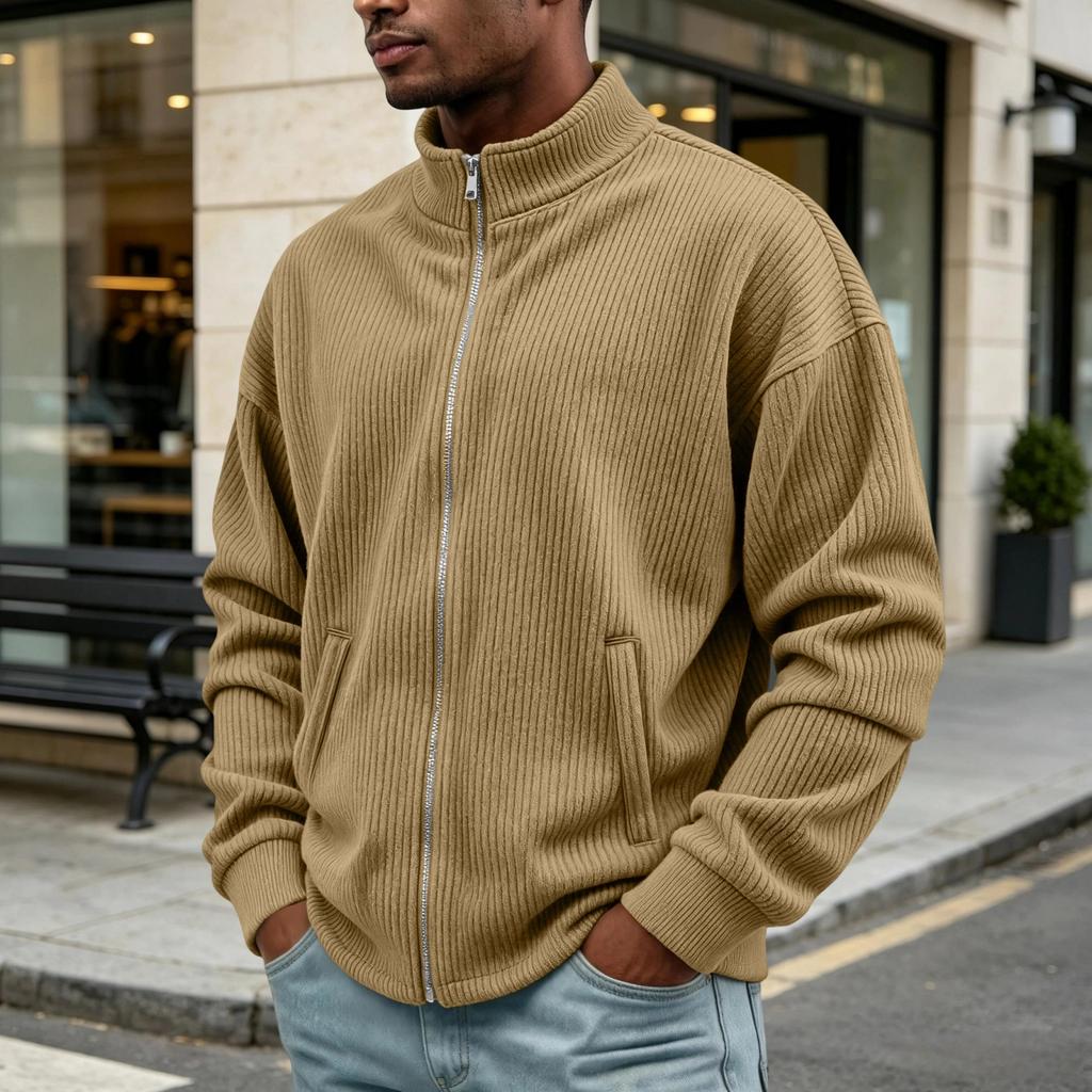 Men's Retro Corduroy Zip Cardigan with Two Pockets Casual Sweater