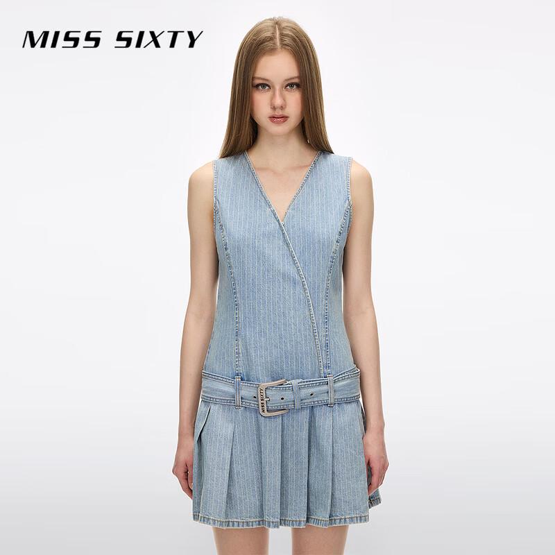 MISS SIXTY Women s Striped Pleated Denim Mini Dress S