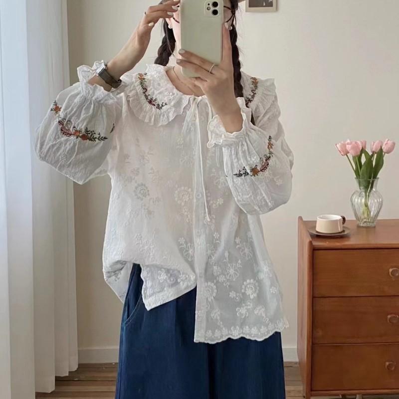 Johnature Embroidery Lace Doll Collar Shirt Women Spring Autumn Loose Casual Tie Tops