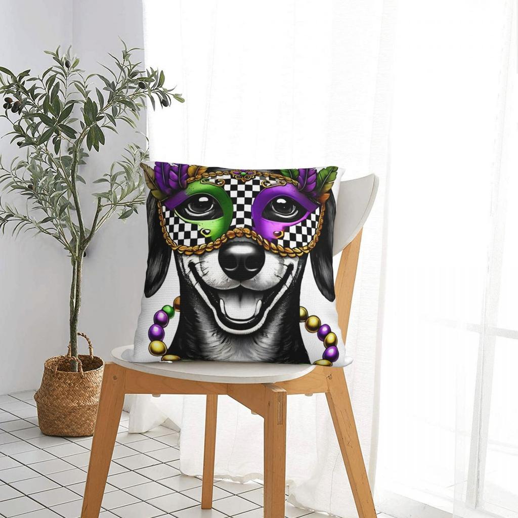 Dachshund Mardi Gras Mask And Beads Pillow Covers Polyester Car Cushion Cover Creative Decorative Pillow Cover 4545