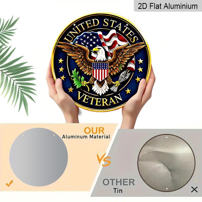 2D Flat, 1pc Patriotic American Veteran Round Aluminum Sign, with US Flag and Eagle Design Retro Wall Art, Suitable for 4th of July, Memrial Day