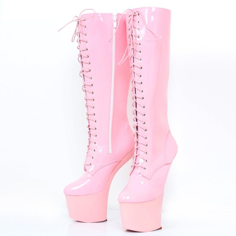 Módní FHC 20cm Kopytní Podpatek Bez Podpatku Kozačky po Kolena, Dámské Fetiš Boty na Pole Dance, Pánské Cosplay Botas, Přední Šněrování, Růžová, Zlatá, Červená, Vlastní Barvy