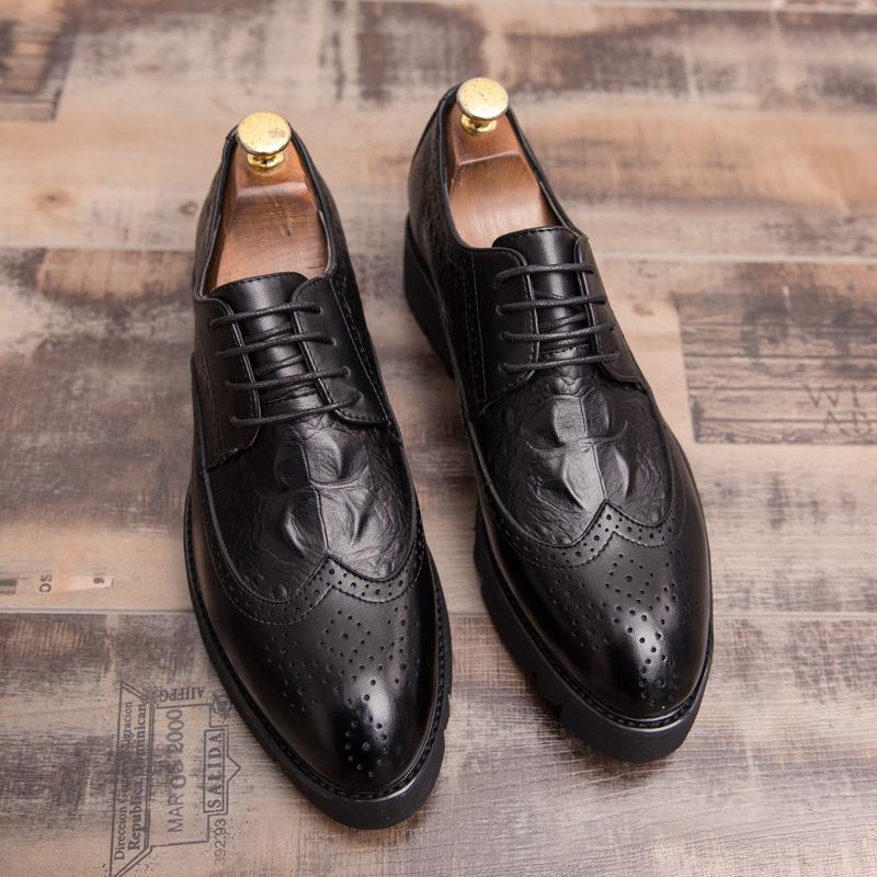Men's dress casual shoes crocodile pattern lace-up pointed leather shoes platform brock men's shoes