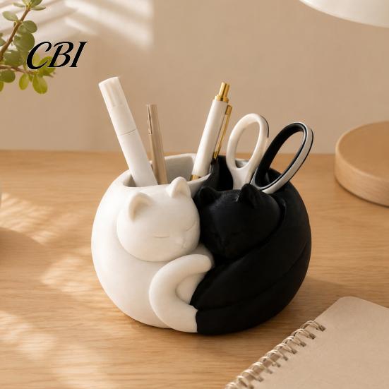 Modern Desk Storage 3D Printed Cat Pen Holder, Cute Sleeping Kitty Stationery Organizer, 2-in-1 Office Accessories for Makeup Brushes Desktop