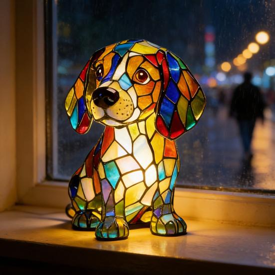 Rainbow Pup Night Light Handmade Vintage Dyed Resin 3D Puppy Lamp USB Powered Soft Warm LED Non-Glaring Decorative Gift for Dog Lovers Bedroom Desk