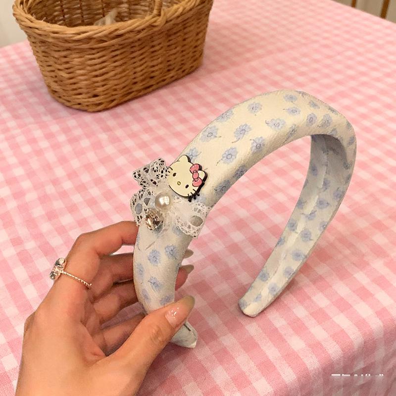 

Korean Blue Striped Cat Headband with Lace Bow