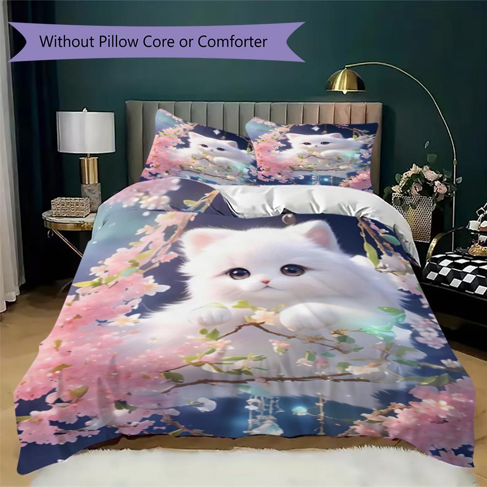 Whimsical cat & florals Pattern Bedding,Quilt Set Quilt Cover Pillowcase Home Birthday Gift (1*duvet cover+2*pillowcase,without core)ZSJT0917425