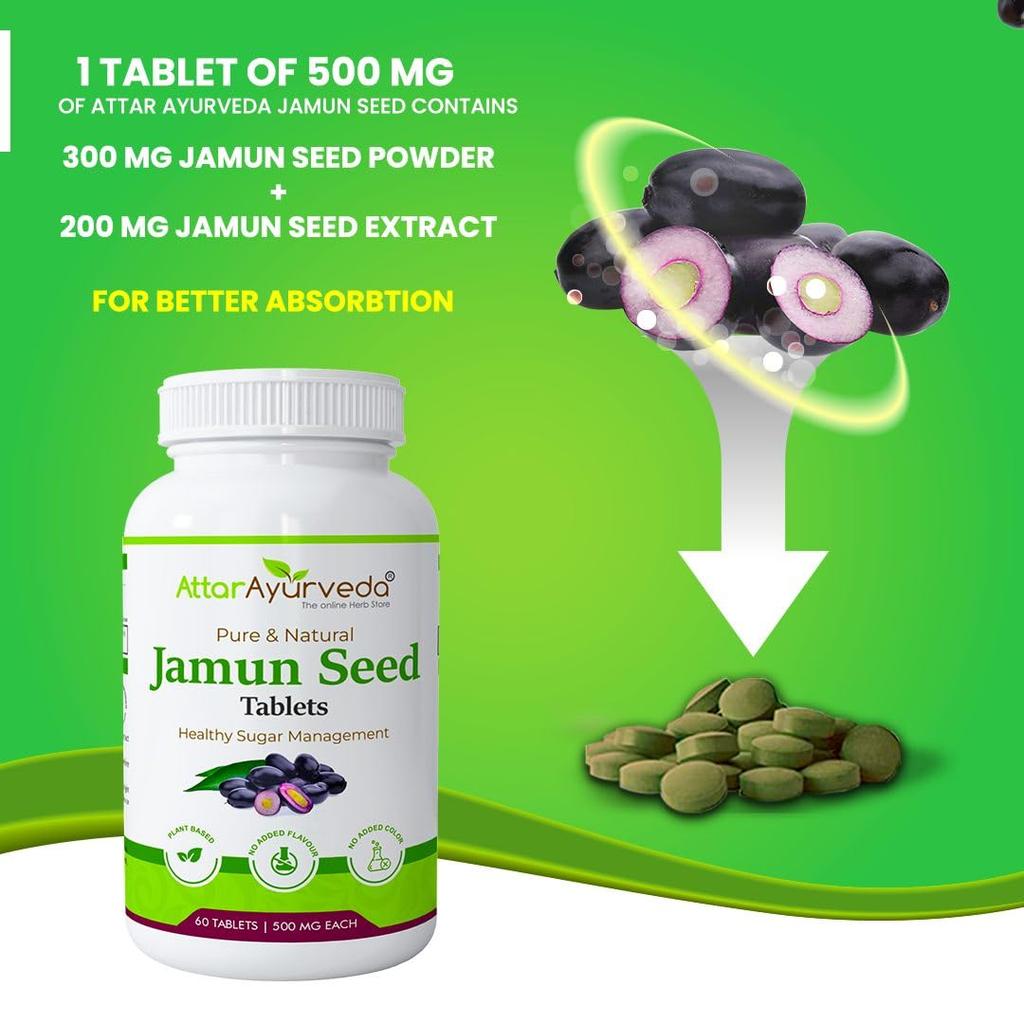 Attar Ayurveda Jamun Seed Extract Tablets 500mg 60 Count Natural Digestive Support Detox Supplement Daily Wellness Care