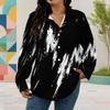 Women Plus Size Collared Long Sleeve Black White Printed Button Front Shirt