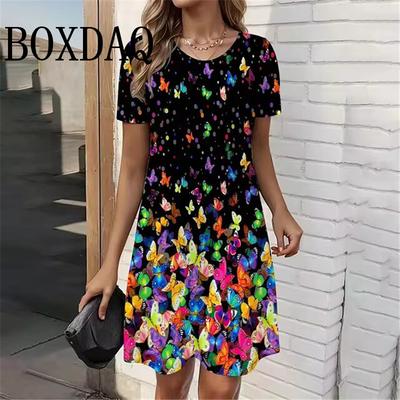 Vestito Stampato con Farfalle 3D per l'Estate Donna Festa Scollo Tondo Manica Corta Vestito Casual Elegante Donna Vestiti Larghi