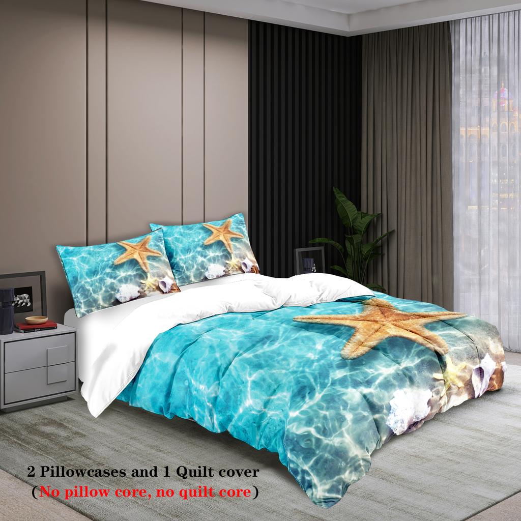 3-piece Beach Starfish Pattern Print (1 Duvet Cover+2 Pillowcases, No Core) Soft and Comfortable Bedding Set