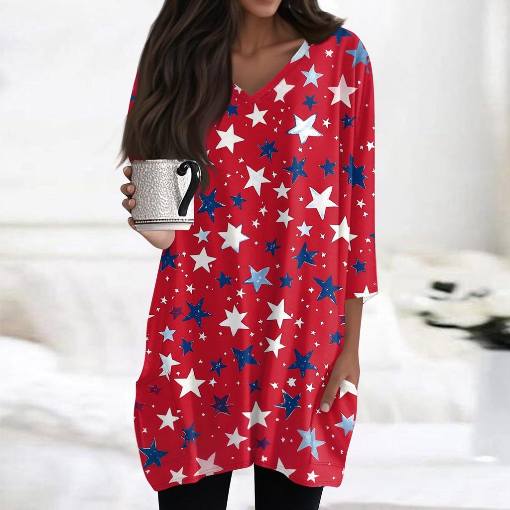 Kadın Günlük 3/4 Kollu Gömlekler Moda Baskılı Cepli Tunik Üstler
