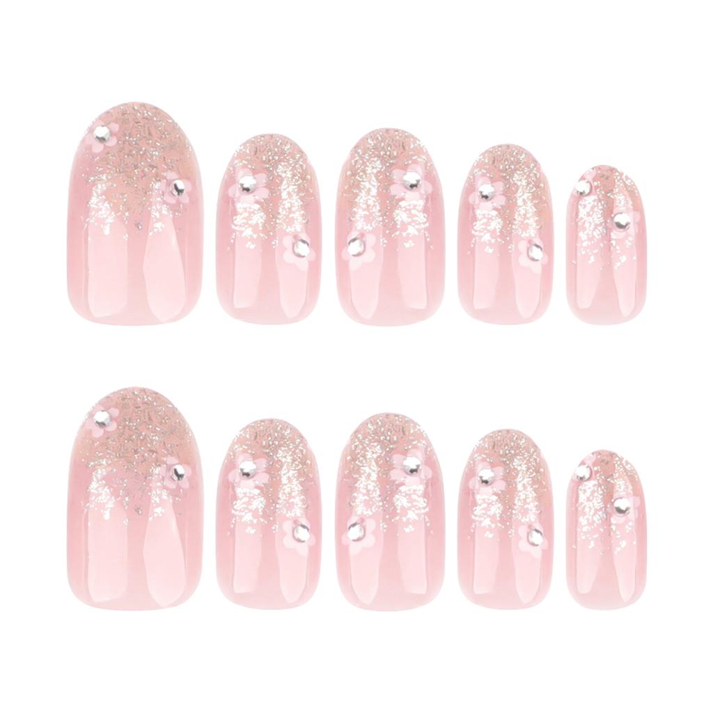24pcs Spring New Glitter Powder Gradient Manicure Small Fresh Flowers Simple Wear Nail Short Round Fake Nails