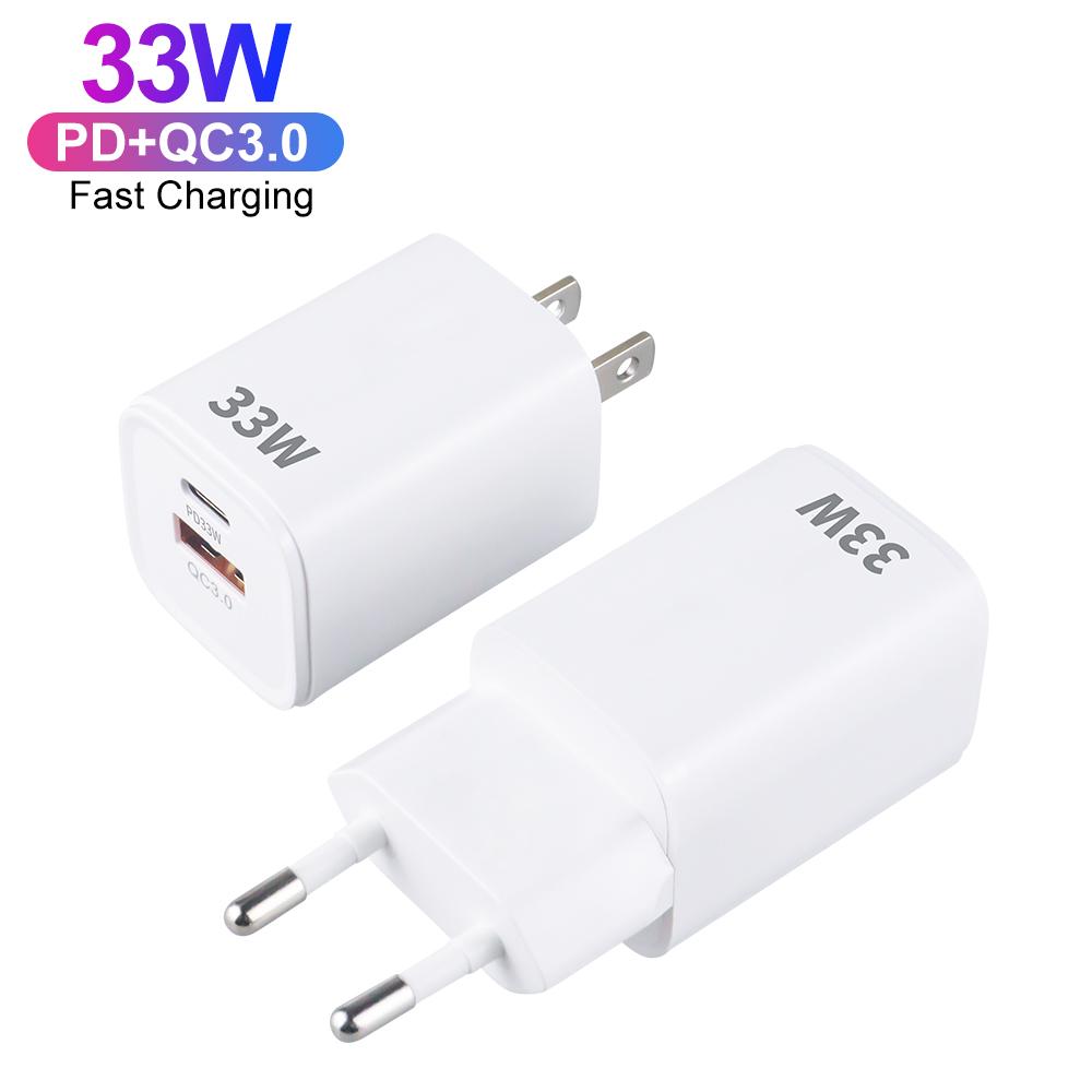 Carregador Rápido PD 33W QC3.0 Porta Dupla Carregador de Parede USB Tipo C Plugue US EU Carregador de Celular