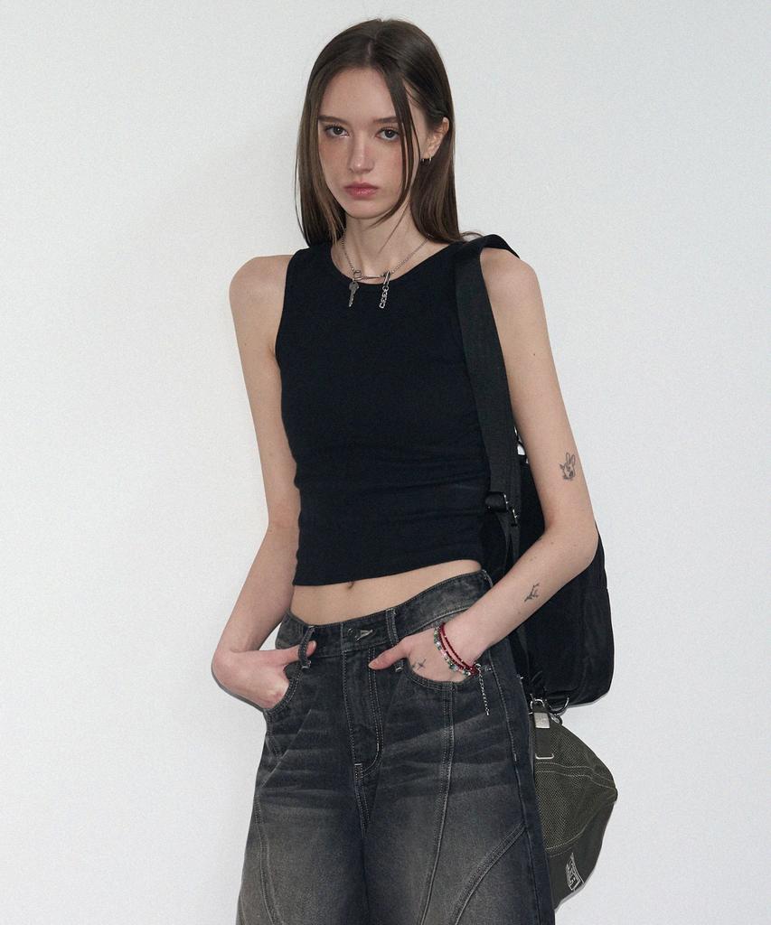 Ledeoli Ribbed Binding Tank Top [Black]