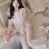 Golden Velvet Lace Trim Pajama Set for Women - Long-Sleeved & Pants, Autumn/Winter Court Style, Luxuriously Comfortable Homewear.