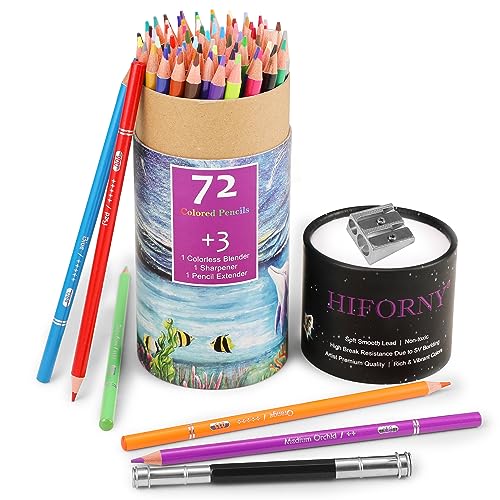HIFORNY 75-Piece Colored Pencil Set for Adults, 72 Colored Pencils with Extras, Artist Soft Core, Vibrant Colors, for Adults, Beginners, and Kids