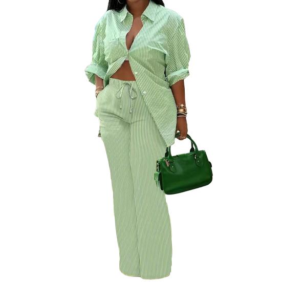 2Pcs/Set Women Shirt Pants Suit Turn-down Collar Long Sleeves Printed Casual Loose Top