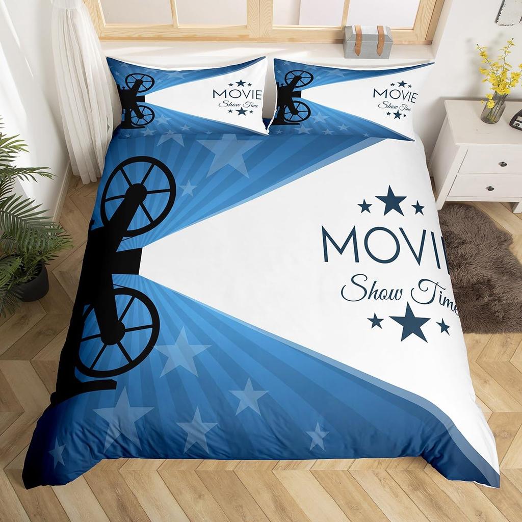 Movie Theme Duvet Cover Movie Theater Decor Bedding Set Full King Vintage Cinema Ticket Clapboard Popcorn Print Comforter Cover