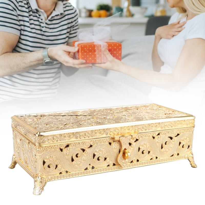 Vintage kovová šperkovnice Měkký samet Ochrana proti rzi Obdélníková krabička na drobnosti Pro dívku Ženy Náhrdelník Náušnice Prsteny Stříbrná