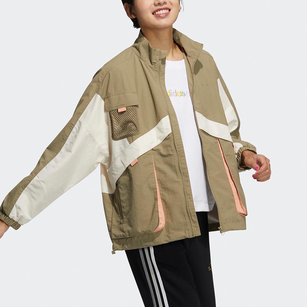 Adidas Neo Vintage Sports Stand Collar Color Block Pocket Striped Splicing Jacket Women Jackets Light-Green HG1610