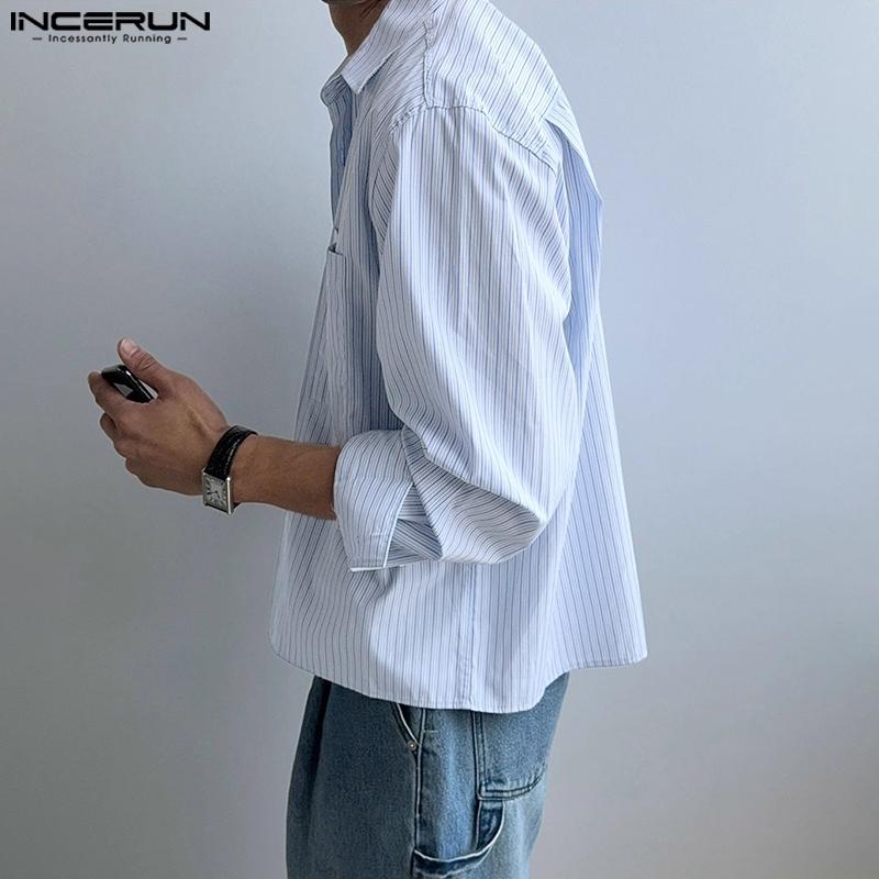 INCERUN S-XXXXXL Men Lapel Neck Long Sleeve Striped Casual Loose Shirts Tops