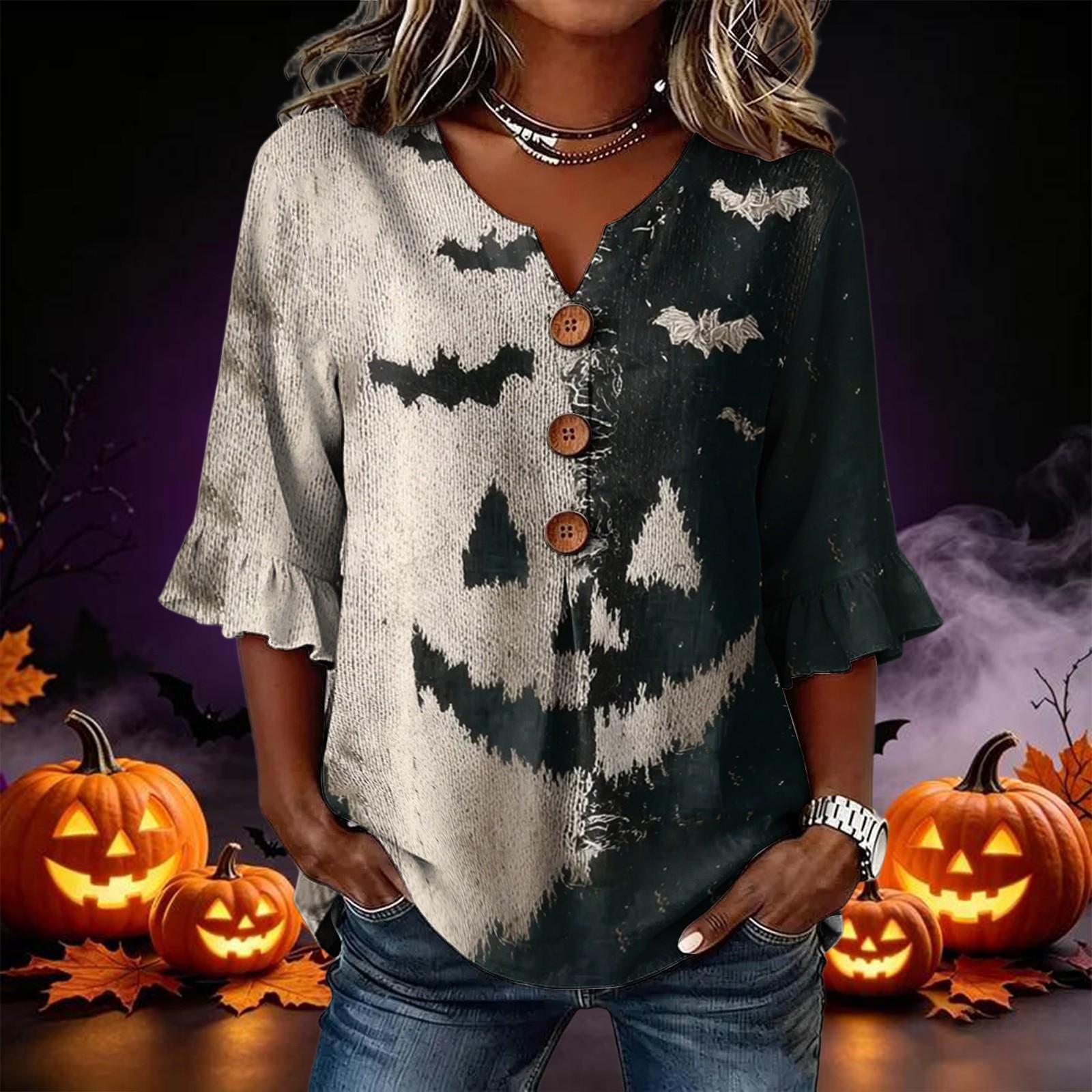 Women s Halloween Printed Blouse with Lace Sleeves, Loose Fit Casual Top for Party S