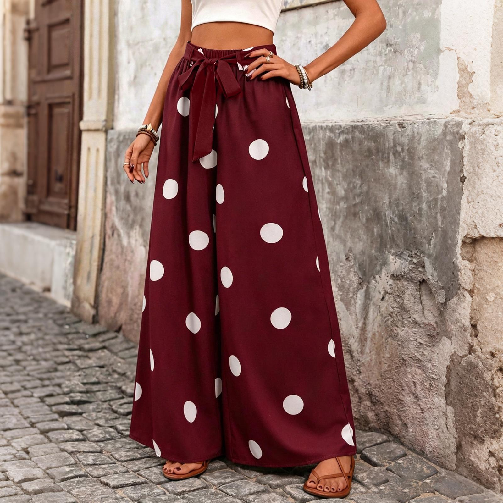 

Women Loose Fit Casual Wide Leg Pants Elastic Waistband with Wide Belt Polka Dot Pattern Comfortable Palazzo Trousers M винний