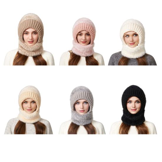 Yousheng Riding Headgear 3 in 1 Hat Scarf Face Guard Solid Color Plush Ball Decor Thickened Warm Windproof Winter Hat