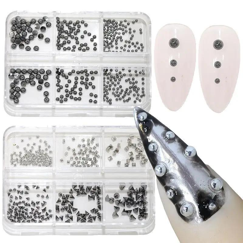 6 Grids Punk Nail Rivets Silver Gold Black Mixed Size Metal Bead Studs Round Cone Nail Art Charms Nail Parts DIY Decoration