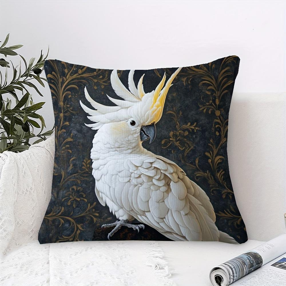 1Pc Sulphur-Crested Cockatoo Decorative Pillow Cover, 18"X18" - Vibrant White Cockatoo With Golden Crest Design, Traditional Sty