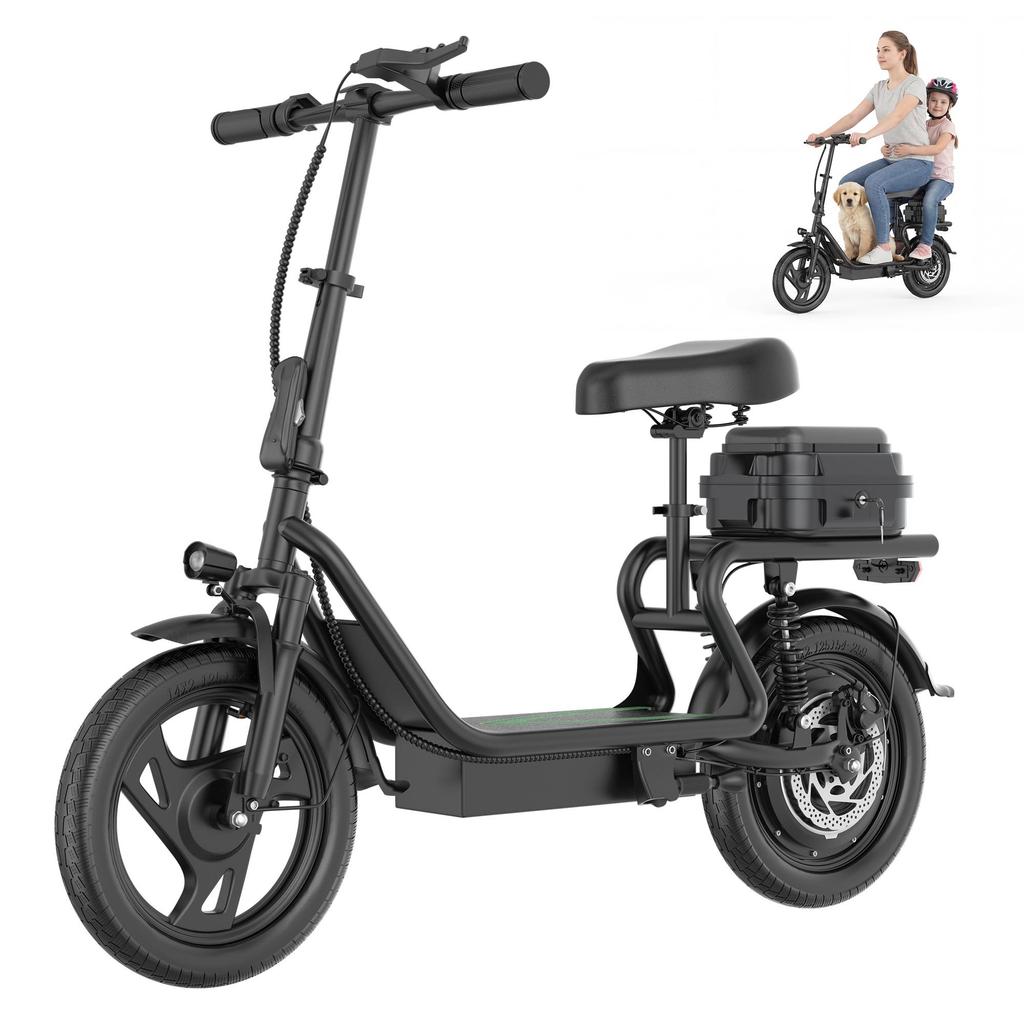 AOVOPRO ESBSXLX Dual Suspension 500W 14 Inch Commuter Electric Scooter 10.4Ah with Seat & Carry Box for Adult-Up To 27 Miles