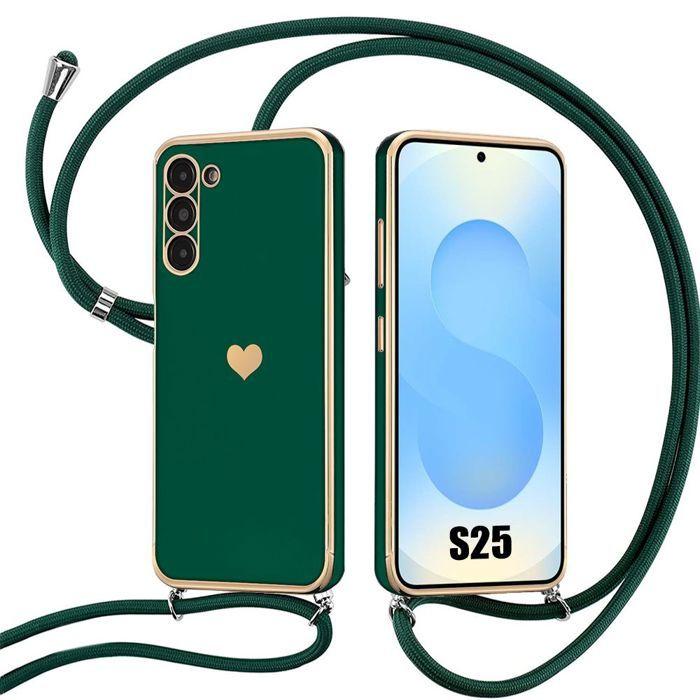 Coque pour samsung galaxy s25 - motif cœur anti-rayures ultra slim avec cordon vert nuit