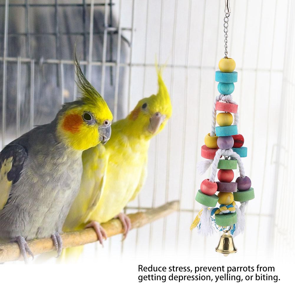 Colorful Parrot Toys Natural Wooden Birds Hanging Chew Toy with Bell Cage Play Toy Supplies