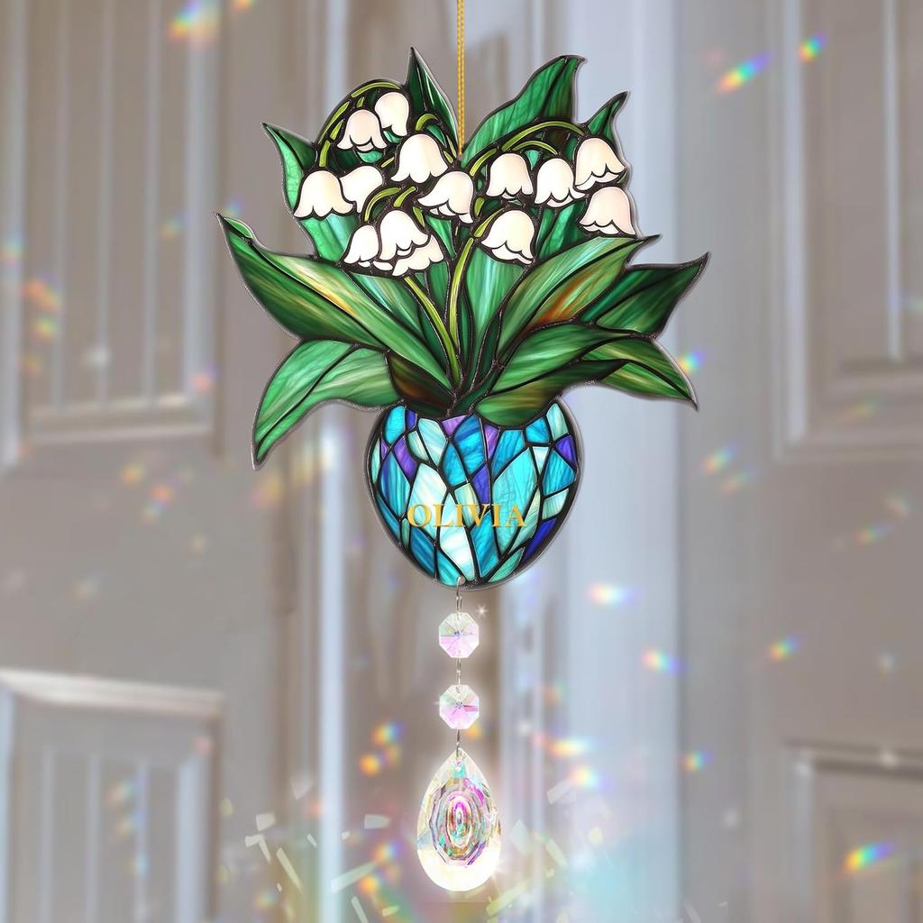 Rose Suncatcher - Birth Flower Gifts for Women, Birth Flower with Name Suncatcher Ornament with Crystal, for Mom, Grandma