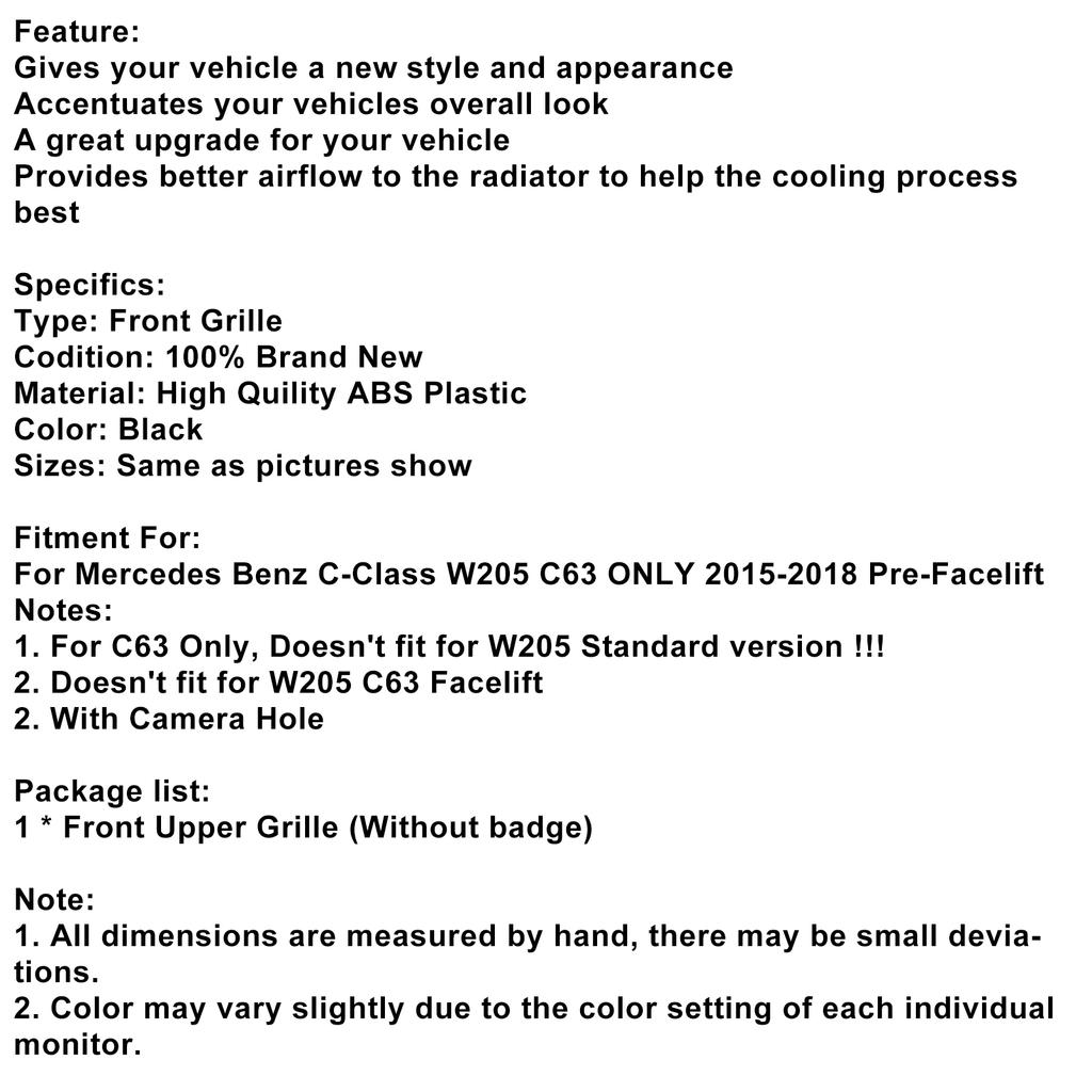 Front Bumper Grill Grille Fit Mercedes Benz W205 C63 2015-2018 Pre-Facelift