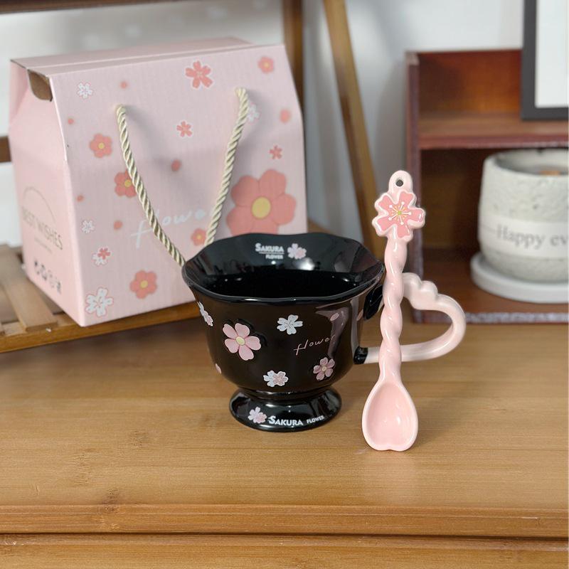 Personalized Cherry Blossom Embossed Ceramic Mug with Spoon – Creative Pink Souvenir Cup