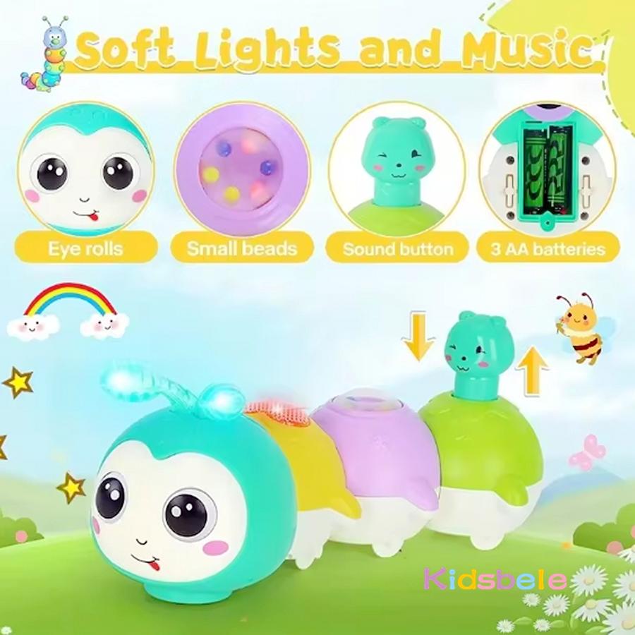 Jucării muzicale omidă târâtoare pentru copii mici, Montessori senzoriale, educative timpurii, jucărie pentru timpul pe burtică cu lumini, cadou pentru petrecerea de Crăciun