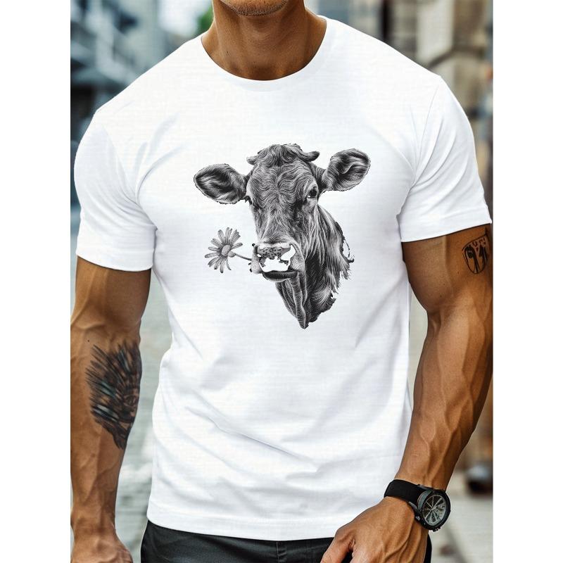 European sizes Casual Short-Sleeve T-Shirts for Plus-Size Men Featuring a Detailed Graphic Print of a Cow'S Head
