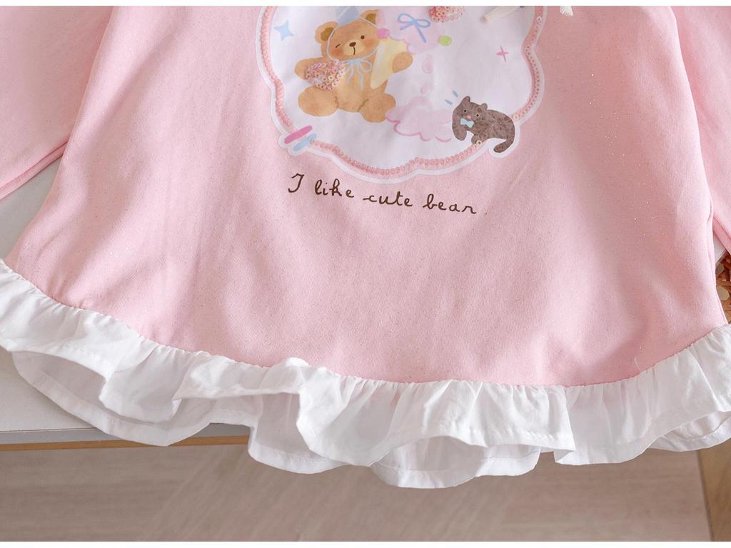 Rochie T-shirt cu mânecă lungă pentru fete, 2025, cu desen animat dulce și tivul fustei îmbinat